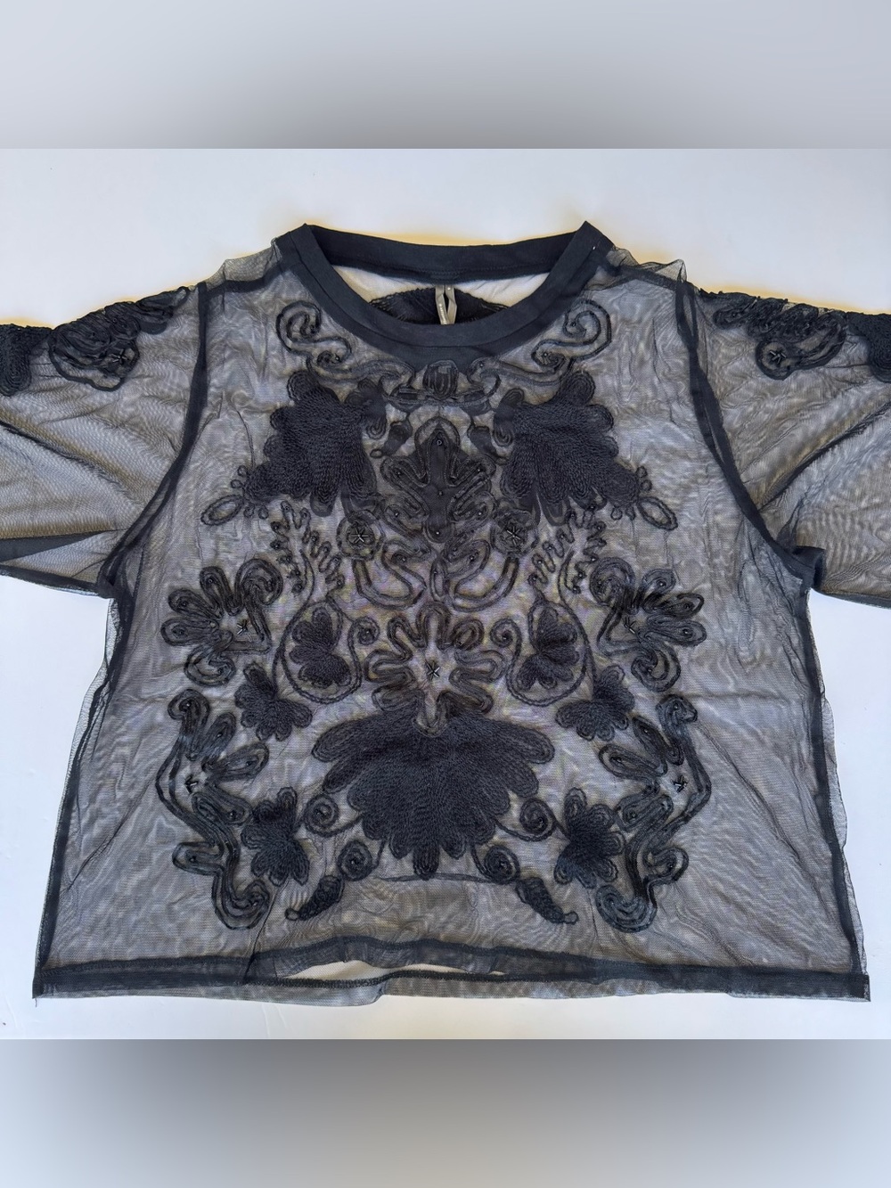 By Anthropologie Sheer Mesh Embroidered Top size Small